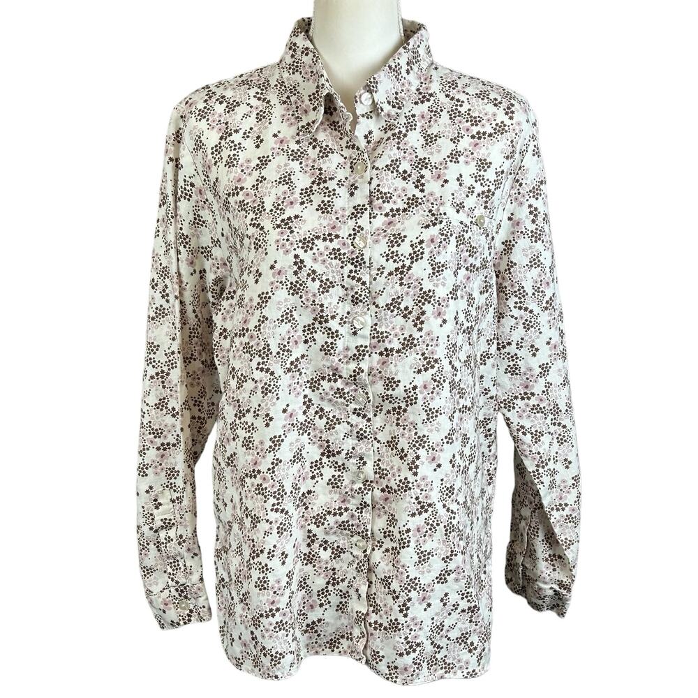 Chadwick's Linen Shirt Women Size 14 White Lilac Brown Floral Casual Button Up